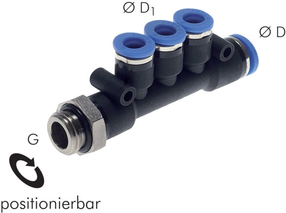 Exemplaire exposé: Distributeur multiple en T avec filetage cylindrique extérieur et 3 départs