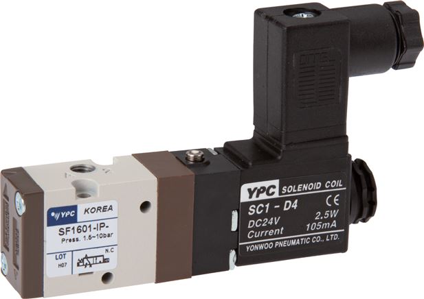 Exemplaire exposé: Électrovanne 3/2 voies avec retour en position initiale à ressort (NC ou NO) avec fiche normée